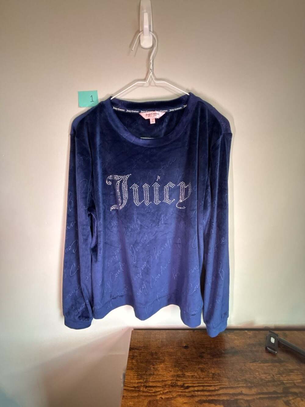 Juicy Couture Blue Velour Rhinestone Logo Long Sleeve Sweatshirt Top with matchi